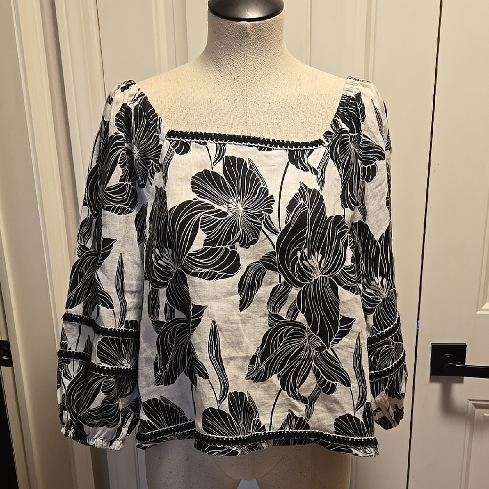 Tahari Linen Floral Top With Balloon Sleeves Womens Size Large